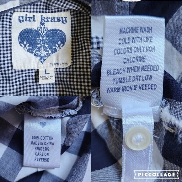 Girl Krazy navy gray white checkered button up long sleeve top sz L - Picture 12 of 12